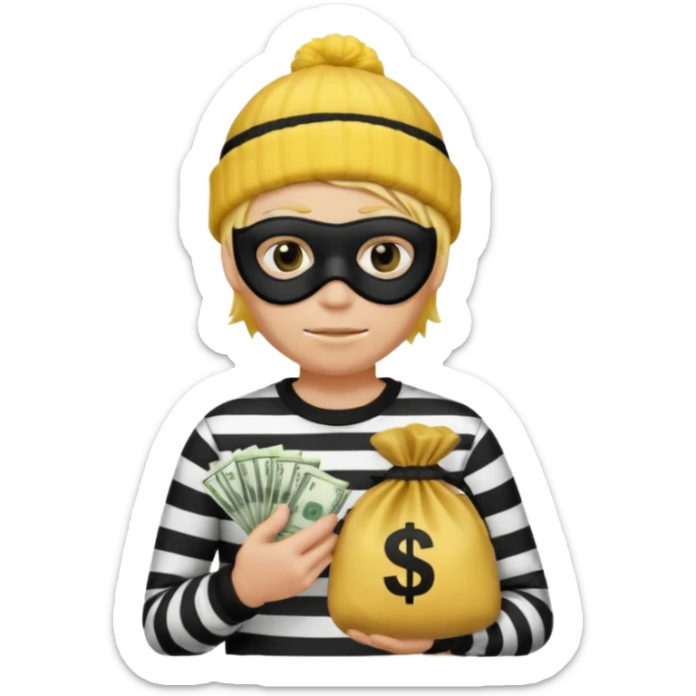 A yellow guy with a black beanie white black striped shirt a black mask for it's eyes and holding a money bag with yellow hair sticker