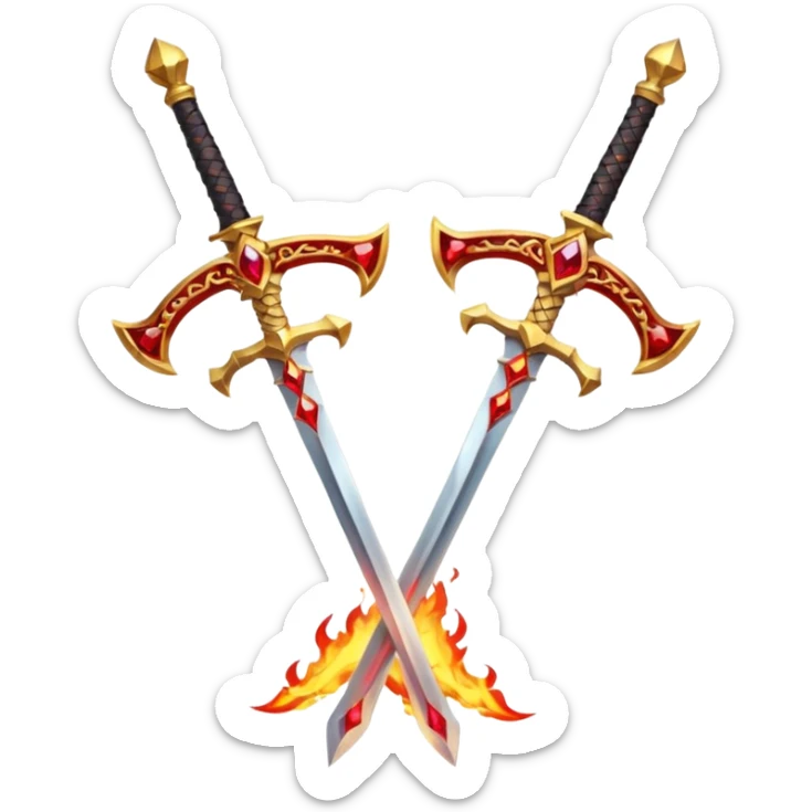 Two powerful on fire fully golden fiery royal crossed swords with red gems sticker