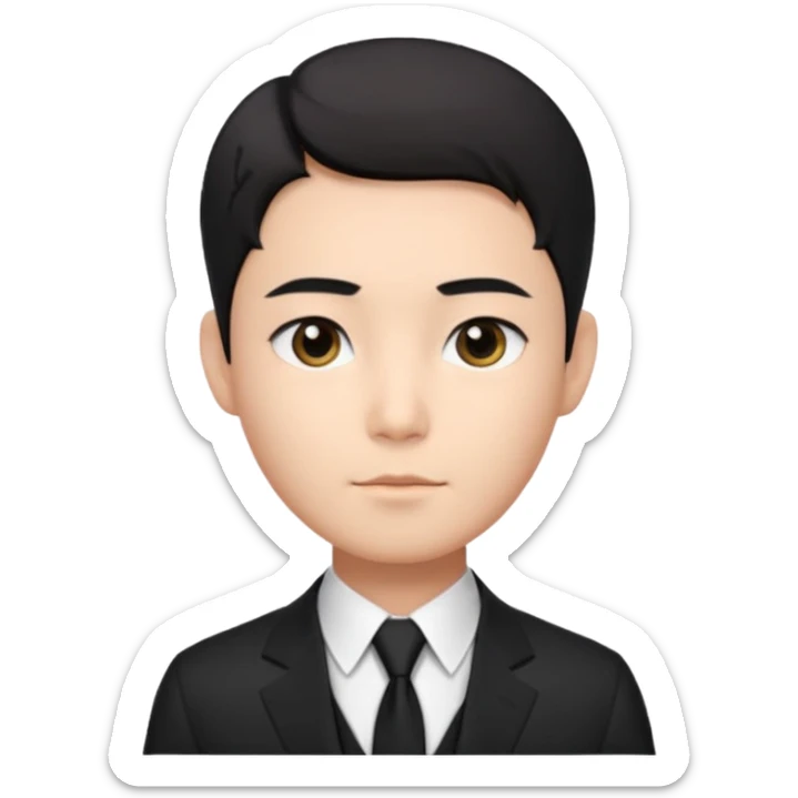 Korean male, clean studio portrait, short black hair with soft middle part,
natural skin tone, neat eyebrows, calm expression,
wearing a black suit, white shirt, black tie,
passport photo style, front facing, realistic, clean background sticker
