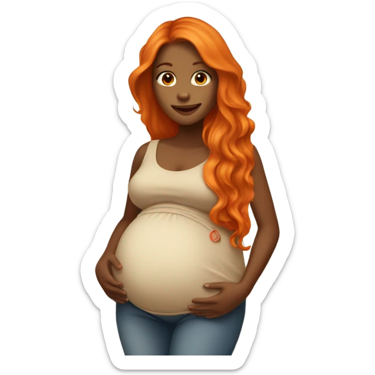 Tan girl with long orange hair holding pregnant stomach sticker