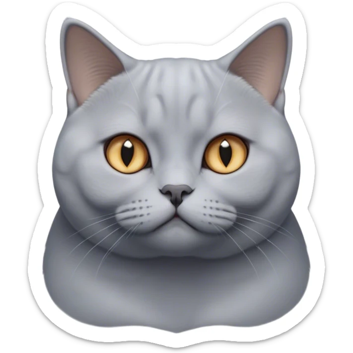 Cinematic Elegant Grey British Shorthair Cat Portrait Emoji, Head tilted slightly with a scrunched, iconic British Shorthair face, sleek soft grey fur with subtle blue undertones, Simplified yet sharp features, highly detailed, glowing with a warm, confident glow, high shine, poised and regal, stylized with an air of grace, focused and attentive, soft glowing outline, capturing the essence of calm elegance and quiet charm, so lifelike it feels as though it could turn its head and give a dignified meow at any moment! sticker