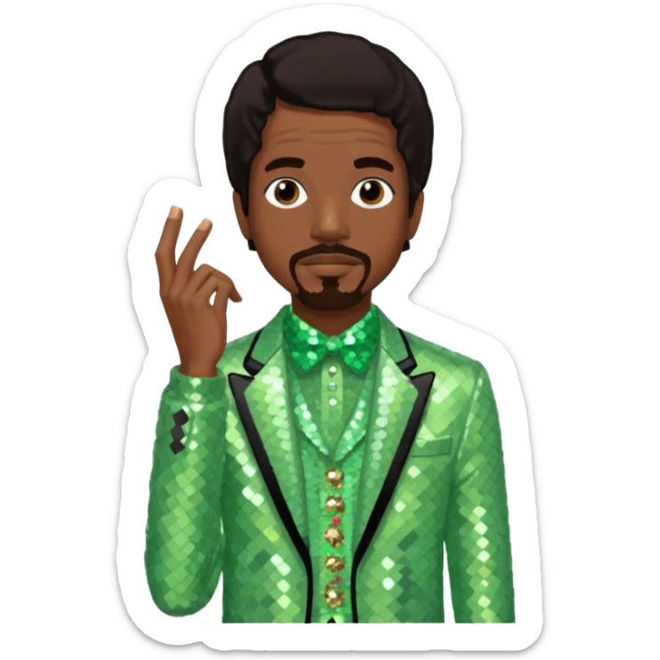 Andre 3000 from Outkast with dark brown hair, pale green sequin outfit sticker