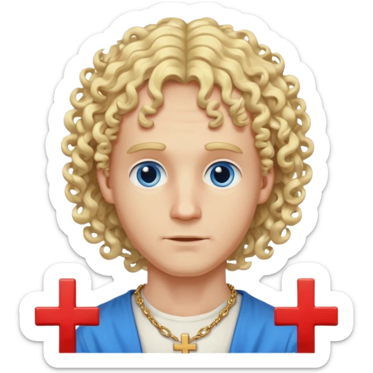 simple face of a white man, very slim face, mildly hollow cheeks, blue eyes, curlier semi-long blond hair, large visible chain with a cross sticker