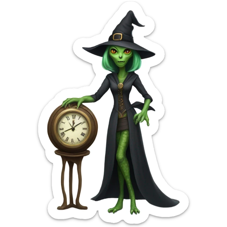 a Reptilian alien woman, as witch, holding holding a big clock, full body sticker