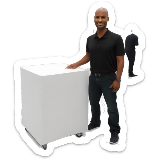 Technician wearing a black polo shirt installing a 43 inch  tv on white exhibition stand sticker