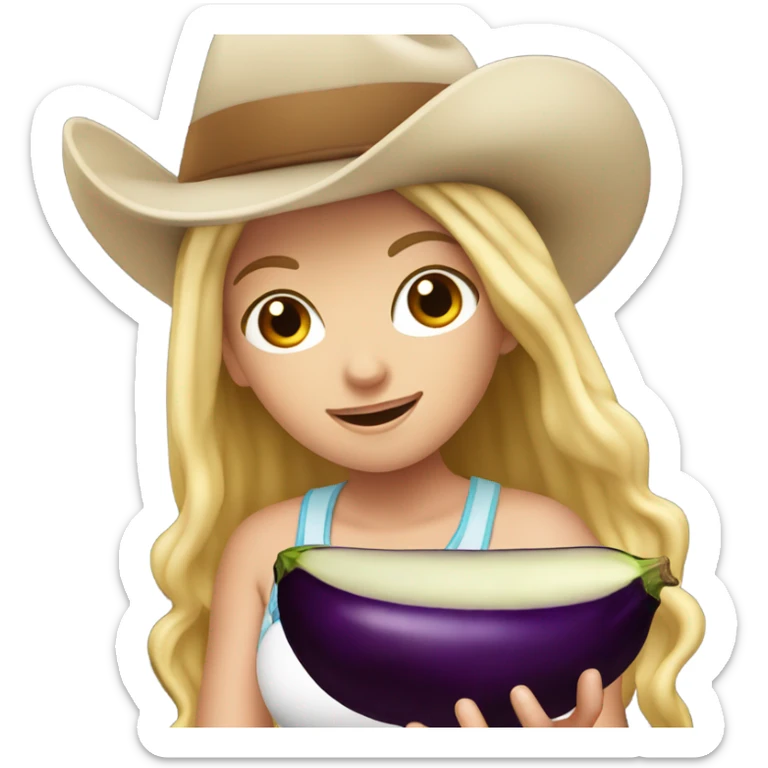 Blonde white girl eating eggplant and wearing a cowboy hat sticker