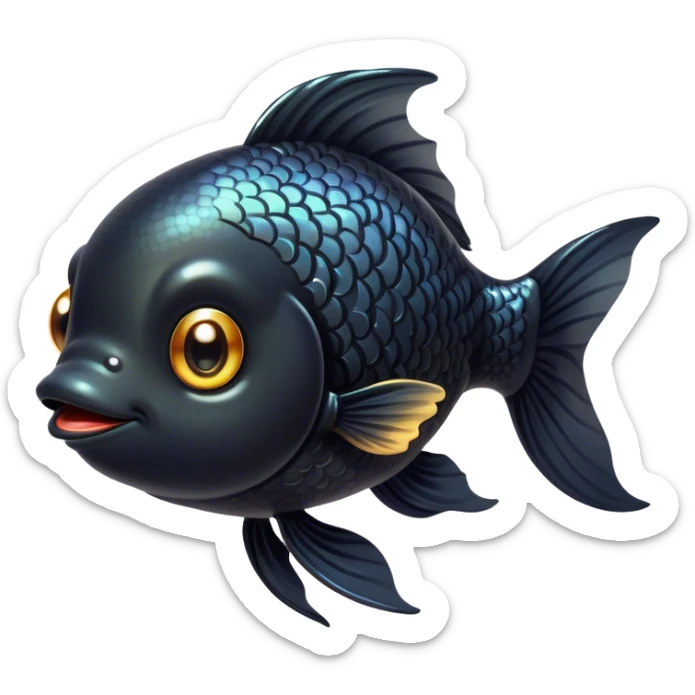 Cinematic Cute Black Goldfish Portrait Emoji, Head tilted playfully and inquisitively, featuring a glossy, deep black body with shimmering scales and round, sparkling golden eyes filled with curiosity, Simplified yet irresistibly adorable features, highly detailed, glowing with a warm, friendly glow, high shine, affectionate and lively, stylized with a touch of whimsy, bright and endearing, soft glowing outline, capturing the essence of a mischievous yet loving goldfish, so playful it feels like it could swim out of the screen and into your heart! sticker