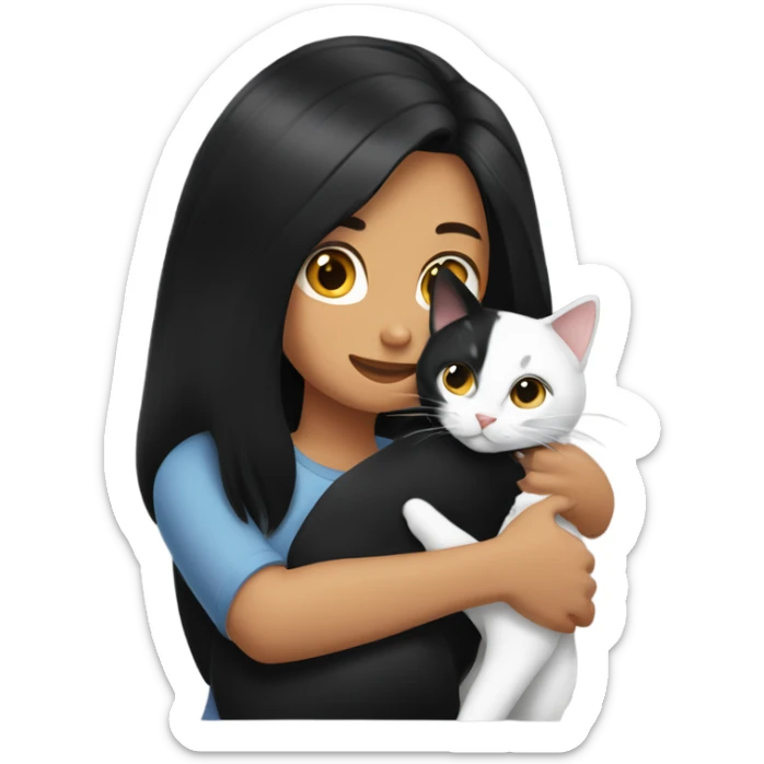 Tanned woman with black hair hugging a black and white cat  sticker