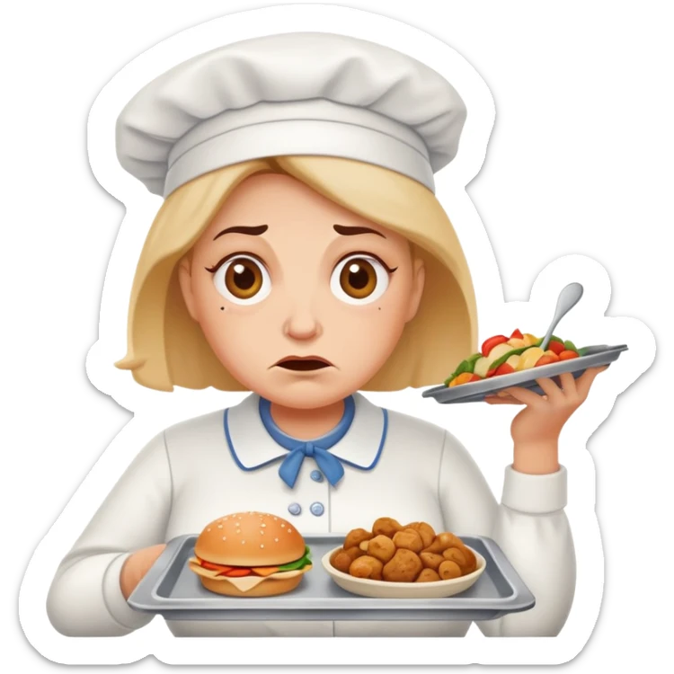 lunch lady with a tray of unappetizing food, exaggerated disgusted face sticker
