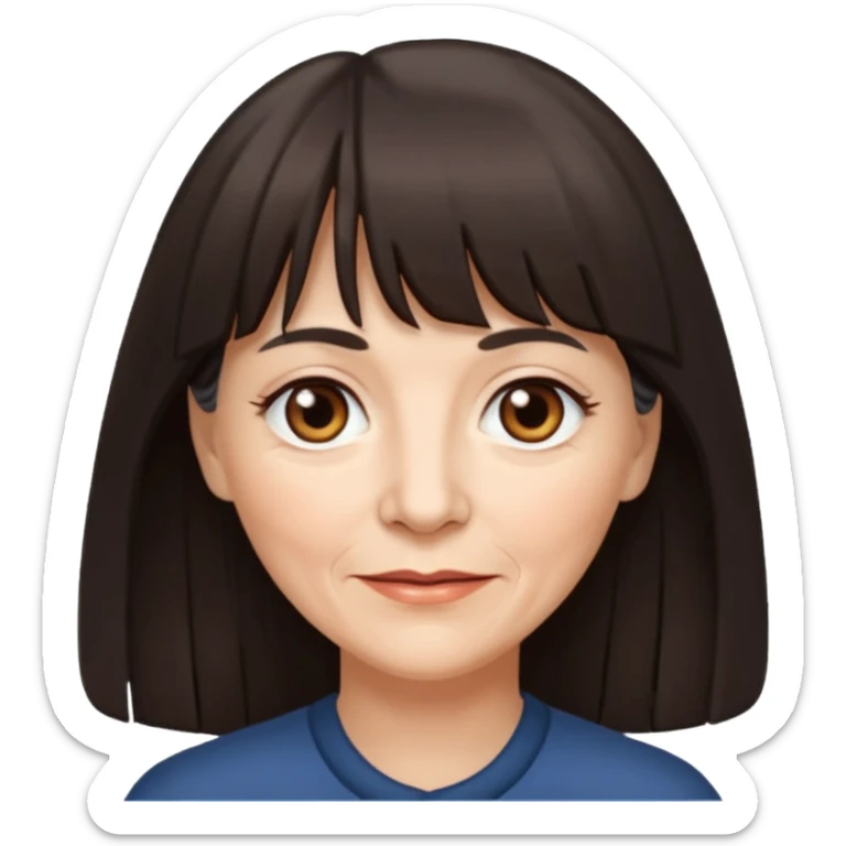60 yr old woman, small brown eyes, long dark hair, bangs,  sticker