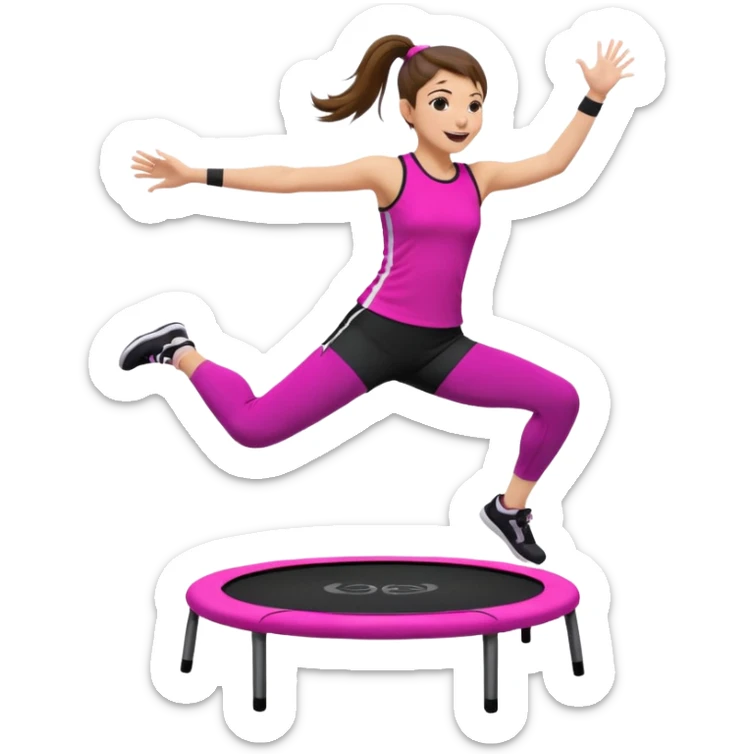Mujer joven con cola alta y pelo marrón, saltando sobre un mini trampolín negro con bordes neón. Lleva top fucsia, calzas negras y zapatillas blancas. Brazos abiertos, rodillas flexionadas y expresión alegre, en pleno salto con líneas de movimiento.
 sticker