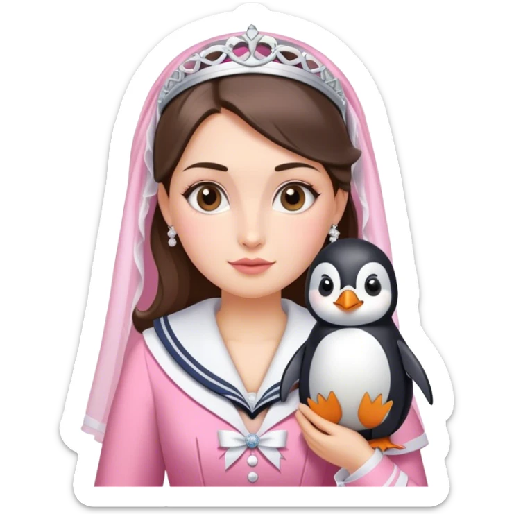 Una sposa con un vestito rosa e con un pinguino vestito da marinaio in braccio sticker