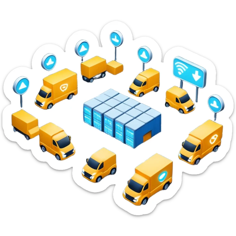 create a realistic emoji of a futuristic warehouse automation. A autonomous trucks, smart drones, and glowing data networks can be part of it as well — cinematic lighting, innovation atmosphere. sticker