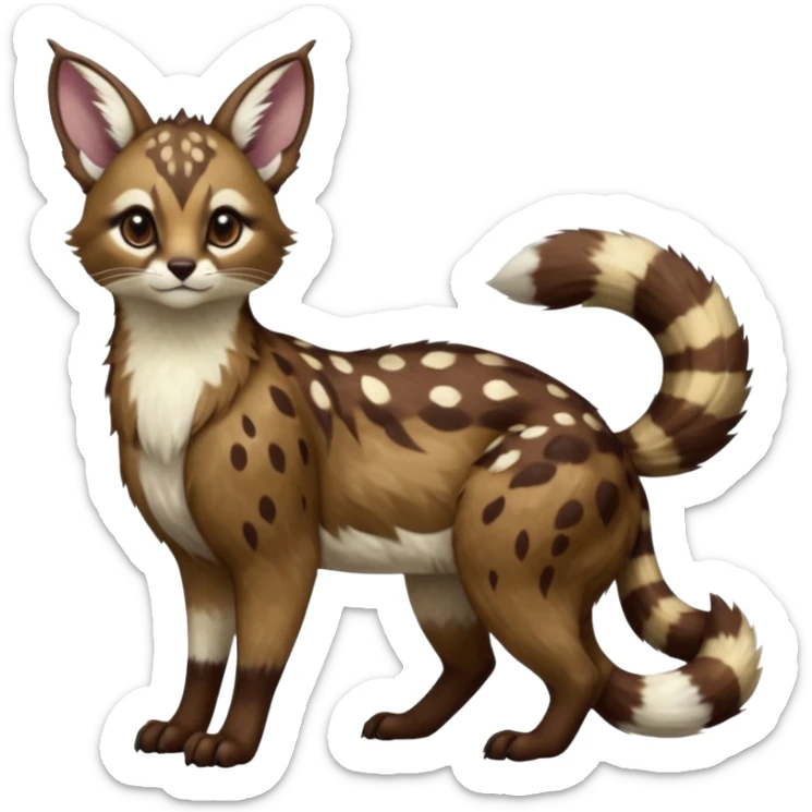 Colorful dark realistic chocolate-brown tropical beige fur glorious divine exotic cute cool beautiful shiny beautiful fantasy-Furret-Eevee-caracal-civet-genet-sergal-vernid-Cacomistle-oncilla-animal-Fakémon-hybrid-fursona with white deer-spots pattern markings (full body) sticker