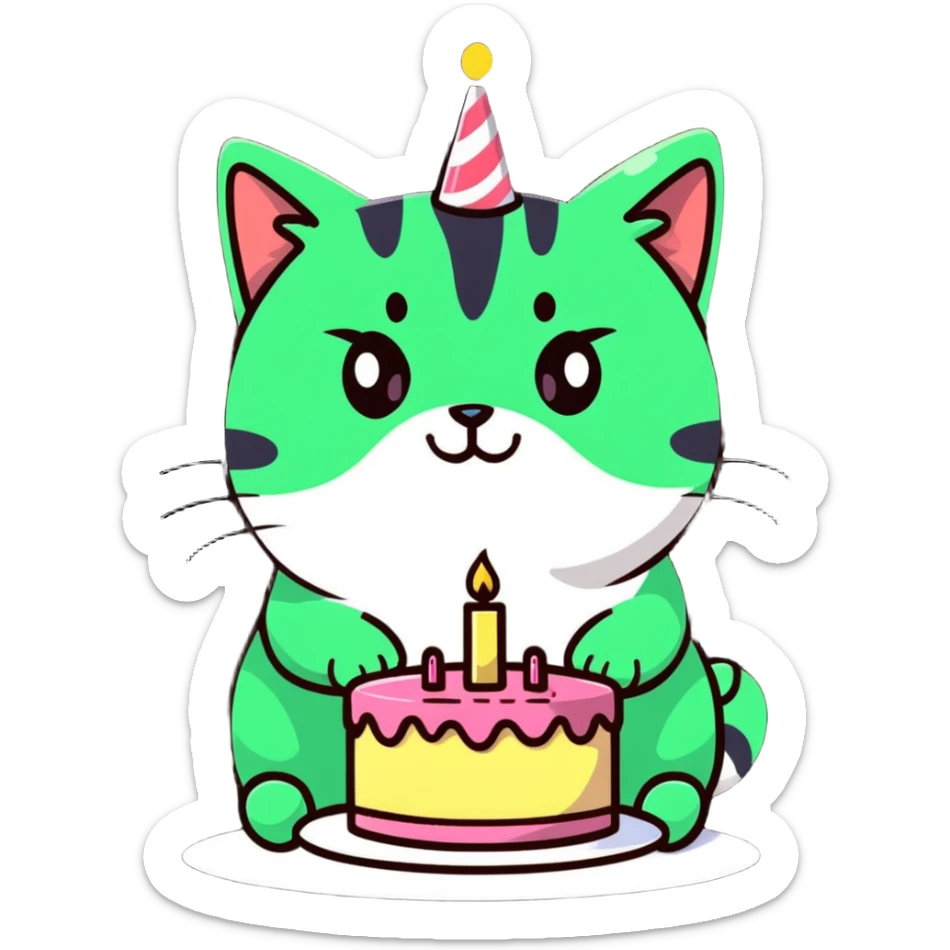 tricolor fluffy cat with big green eyes celebrating her birthday with a cake and champagne sticker