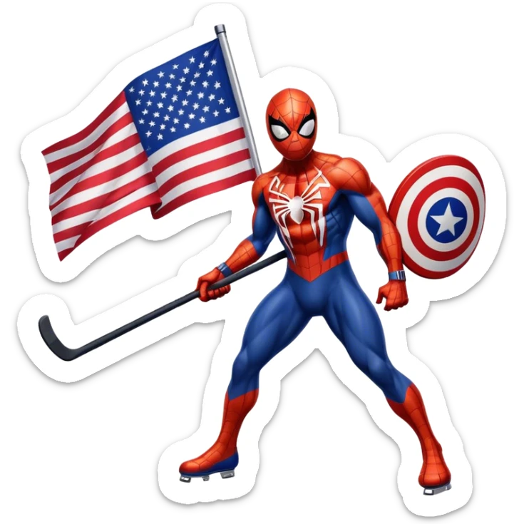 Muscular Spider-Man with hockey stick and USA flag sticker