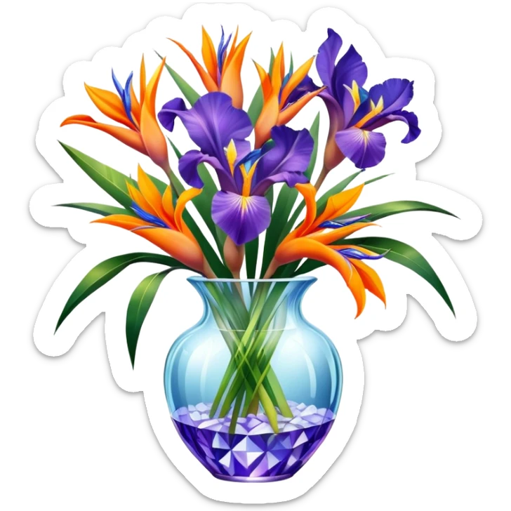 Lots of iris flowers mixed with strelitzia flowers in crystal vase sticker