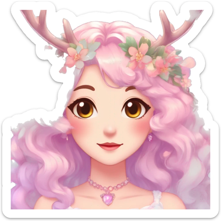 Gorgeous Shiny Colorful Pastel Anime Style Mature Lady with blushing face and pretty hair with a flower crown and antlers pastelcore kawaii cottagecore fairycore aesthetic trending style sticker