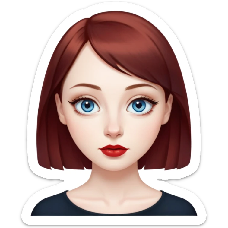 Artistic young woman with pale skin, oval face, large expressive blue eyes with eyeliner, thin arched eyebrows, small nose, full lips with red lipstick, dark auburn hair that's straight with slight waves at ends, straight bangs, wearing a black top, warm creative expression sticker