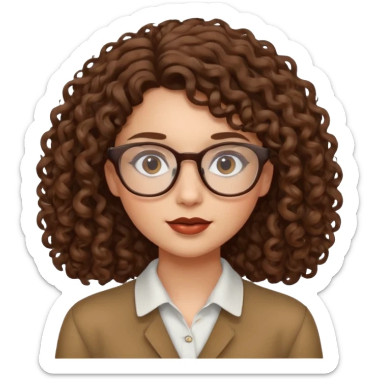 Young woman, curly brown hair, shoulder-length, brown lips, glasses sticker