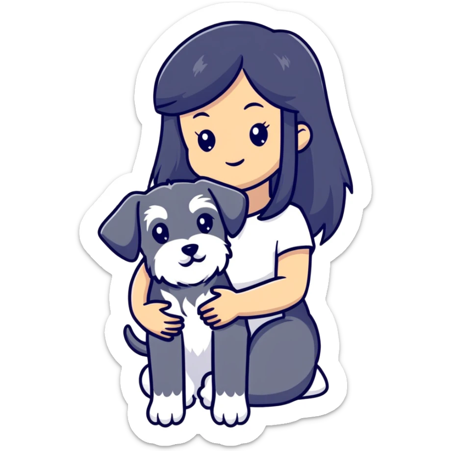girl with long black hair holding a Schnauzer dog sticker