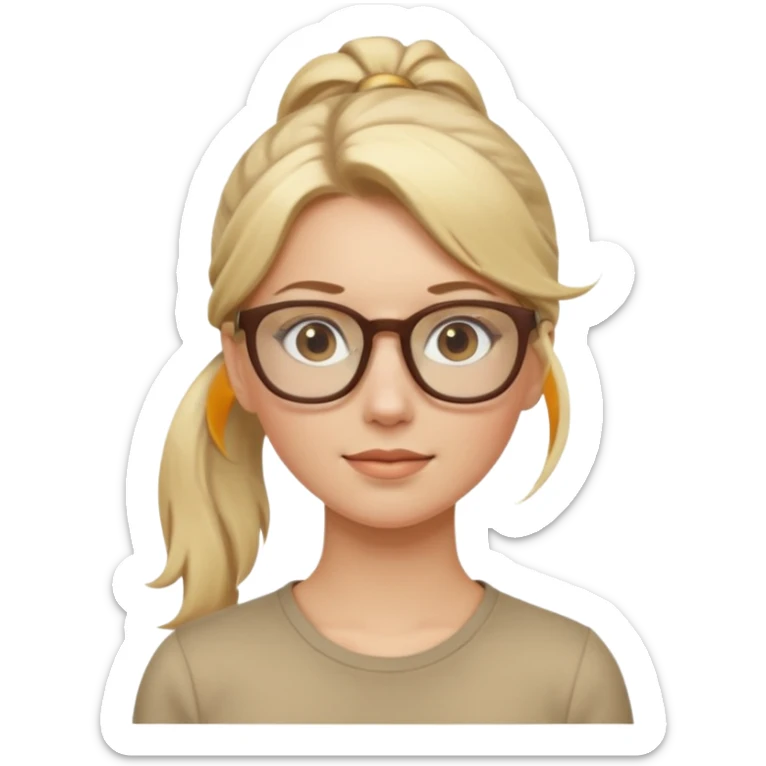White woman blond hair in pony tail and beige glasses sticker