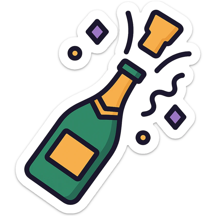 champagne bottle popping with confetti in purple, black, and gold, representing celebration at luxury events and milestone parties sticker