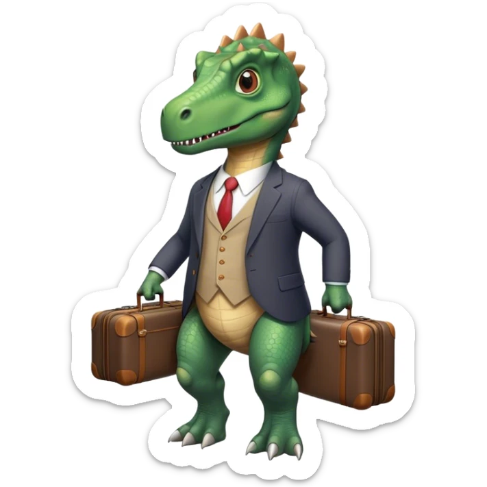 office Dinosaur in a suit, a huge luggage full of papers, trip sticker