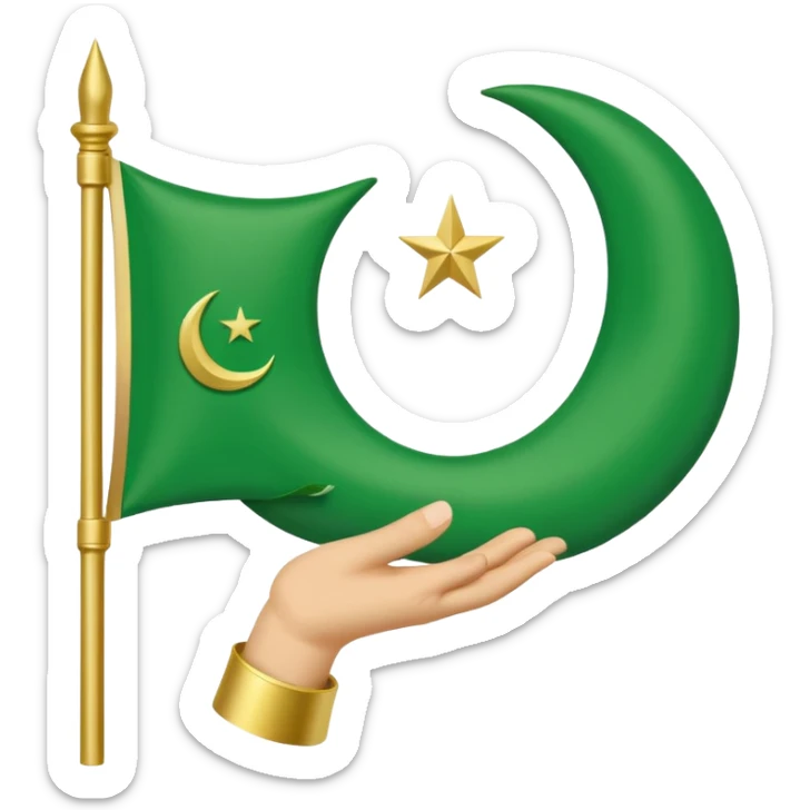 shia islam symbol with a green flag, a hand, and a subtle crescent, simple and clear sticker