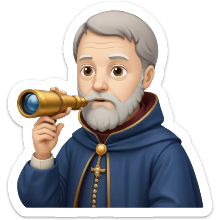 Galileo Galilei emoji with a telescope, Renaissance clothing, thoughtful expression sticker