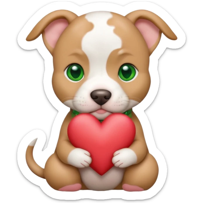 White and tan pitbull puppy with green eyes and cropped ears holding a heart sticker
