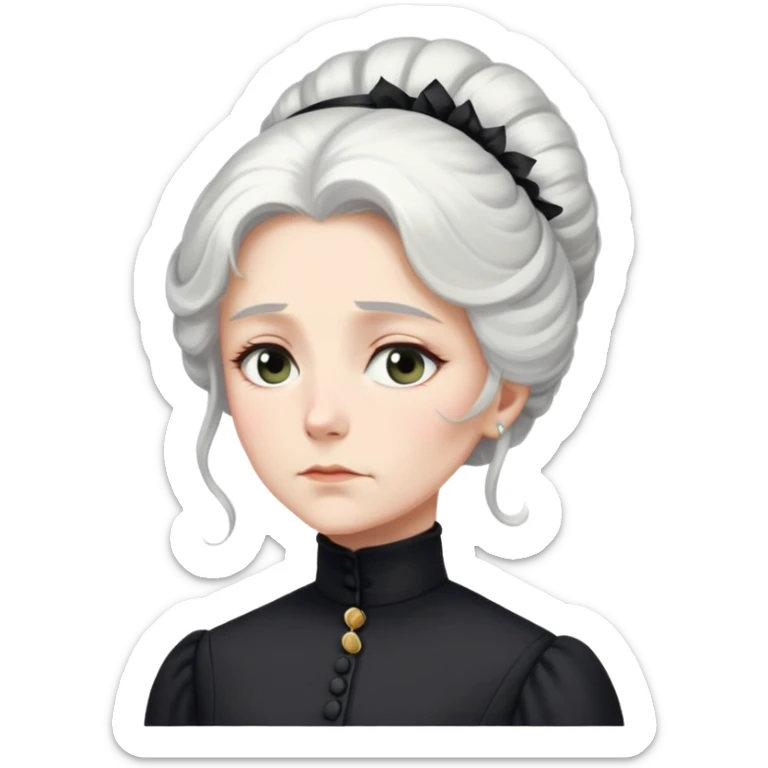 A Victorian woman with elegant coiffed white hair and light eyes wearing a modest unadorned black turtleneck mourning dress looking down with a forlorn expression sticker