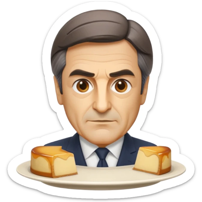 apple style emoji bust of François Fillon, all features sculpted from uniform slightly translucent beige flan, no separate colors for hair, eyes, or skin, all flan, on a white plate sticker