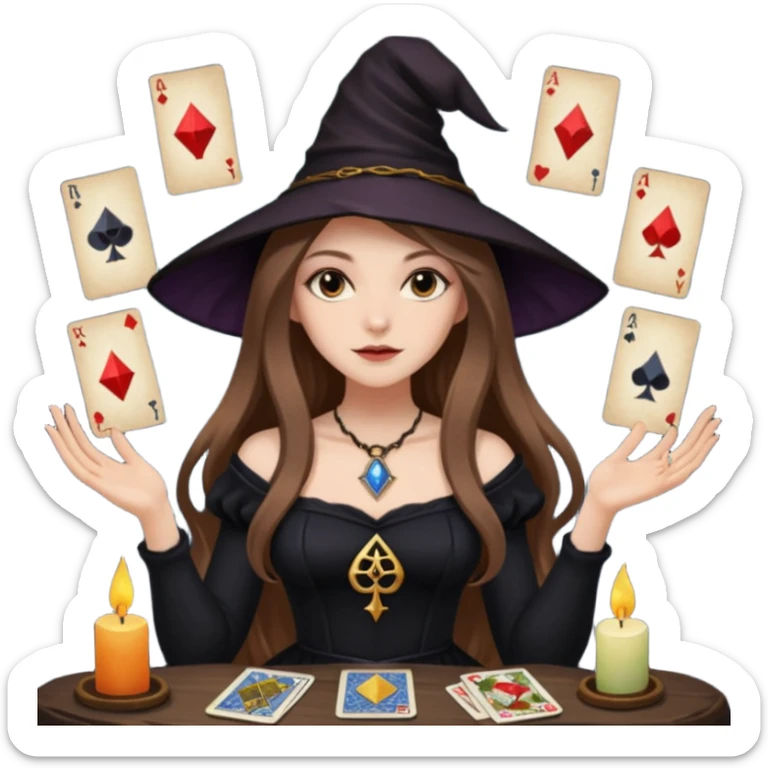 dark witch girl with long light brown hair and Tarot cards sticker
