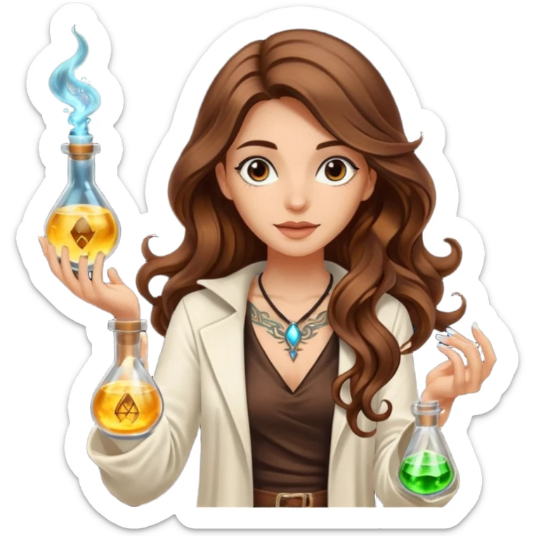 alchemist woman long wavy brown hair tattoos flipping glowing vial sticker