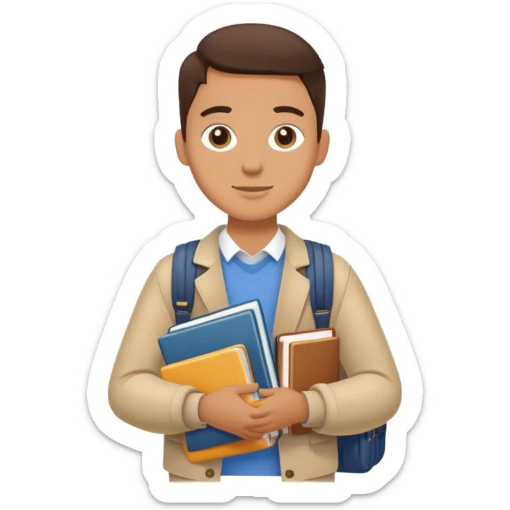 A flat-style illustration of a university student, holding a few textbooks and wearing a messenger bag. Clean, modern cartoon style, white background, iOS emoji aesthetic. sticker