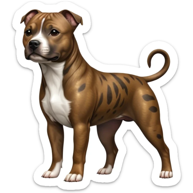 cinematic-[Staffordshire bull terrier]-realistic-full-body-standing-emoji,-tail-resting-loosely-beside-its-paws,-head-tilted-dramatically, -sleek-[brindle]-fur,-simplified-yet-realistic-focused-features,-highly-detailed,-glowing-with-an-almost-sarcastic-glow sticker