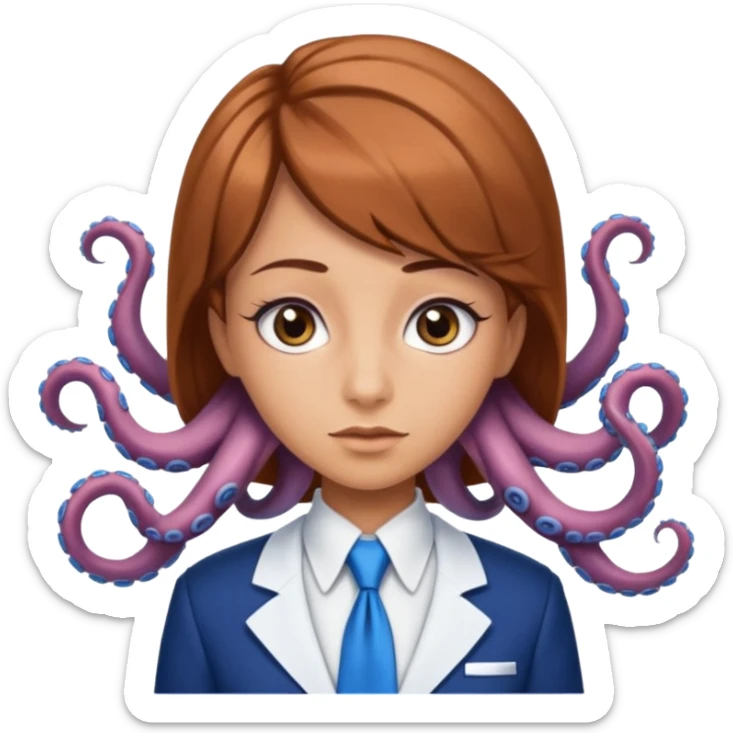 tanned, Doe hazel eyes, Octopus hair cut, White uniform top with blue tie, blue long skirt, Long lashes  sticker