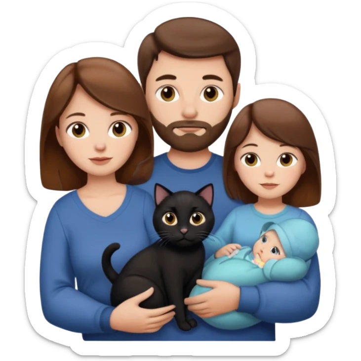 1 mom brown hair, 1 dad NO beard, 1 baby and 1 black cat sticker