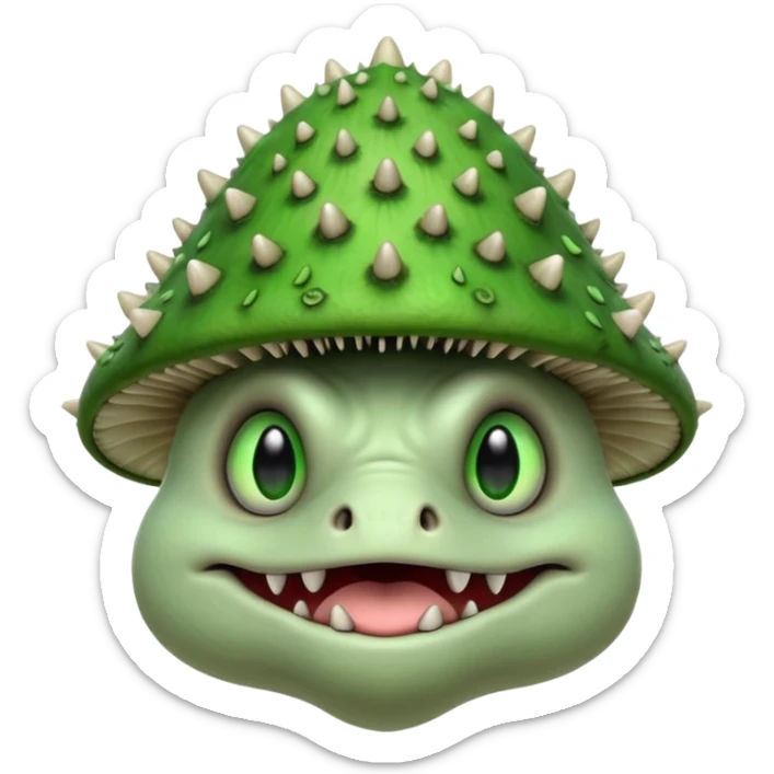 poisonous mushroom monster portrait, head and shoulders only, animal-like creature, mushroom cap head with spikes, toxic green glow, beast-like eyes, furry neck details, monstrous but cute fantasy vibe, 3D cartoon, mobile game icon style, clean background, no text, no watermark

 sticker