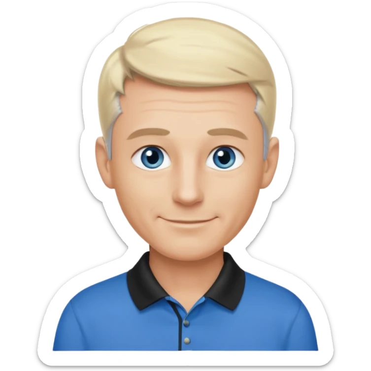 Avatar pic male gray hair blue eyes clean shaven blonde eyebrows high cheekbones sly smile long eyelashes wearing a black golf shirt sticker