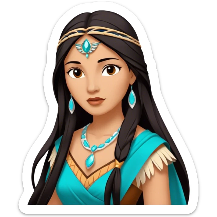 Cinematic Majestic Pocahontas Portrait Emoji, rendered in a clean, vector-style with bold shapes. Show Pocahontas with a serene, noble expression, radiant sun-kissed skin, and elegantly flowing dark hair, dressed in traditional garments with subtle turquoise accents. The design radiates a majestic, natural glow, high shine, and a soft glowing outline, capturing her regal beauty. sticker