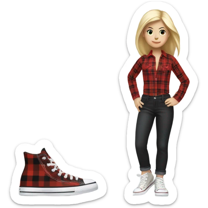 Blonde girl in white platform converse and black pants with red plaid shirt sticker