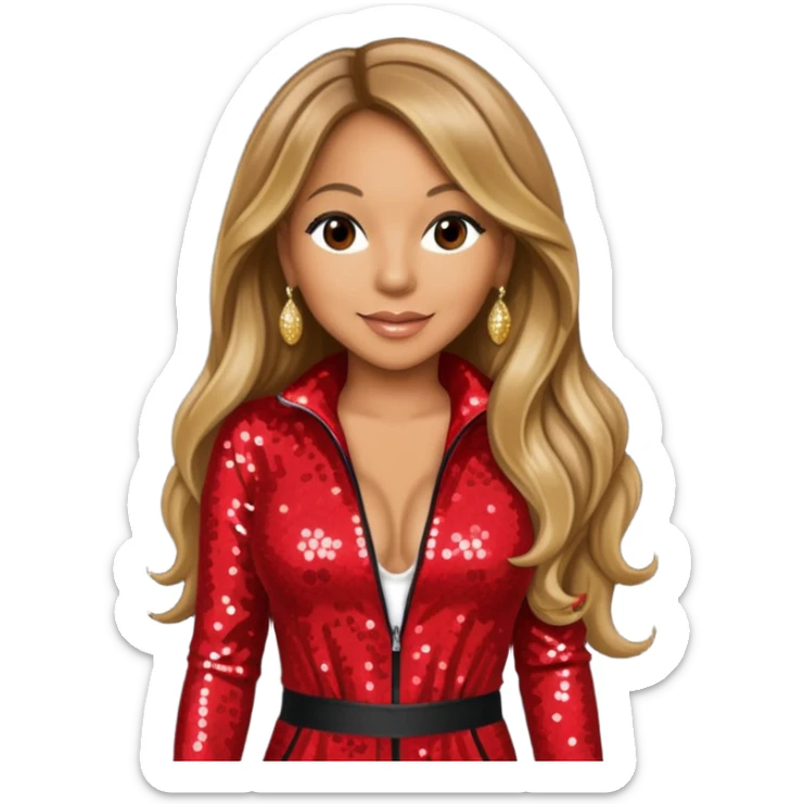 Mariah Carey with long dark blonde hair, red sequin jumpsuit sticker