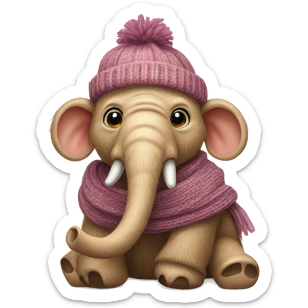 a baby mammoth in a small knitted hat and a narrow knitted scarf sticker