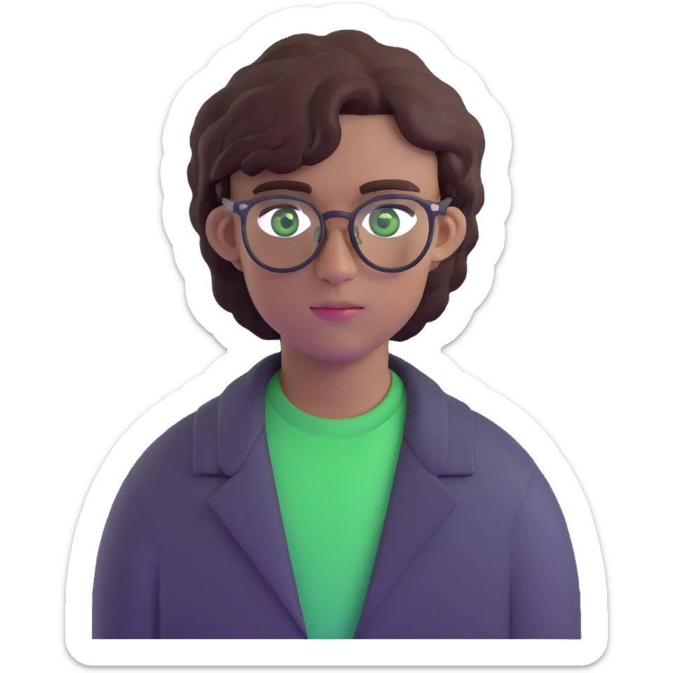 young man with dark slightly curled hair wearing glasses with green eyes sticker