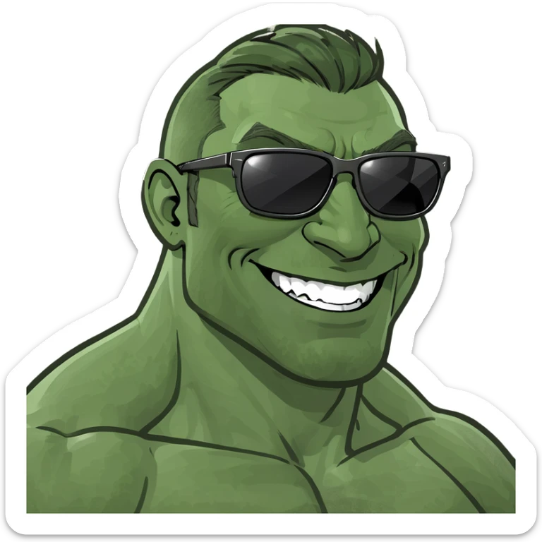 gigachad style muscular man emoji smiling from side profile, humorous exaggerated chin and facial features, Twitch emoji style for Twitch.tv/wisko channel sticker