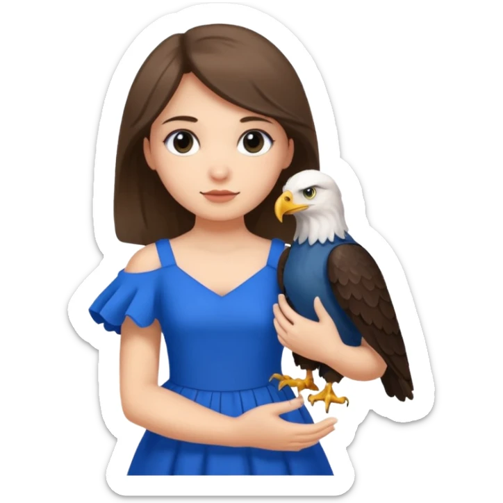 A girl wearing a big blue dress with a eagle on her arm sticker