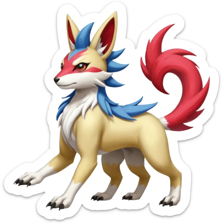 Colorful Skilled Adept Graceful Asian Painted WereGarurumon-Linoone-Meloetta-Renamon-Zangoose-fusion-hybrid-creature (full body) sticker