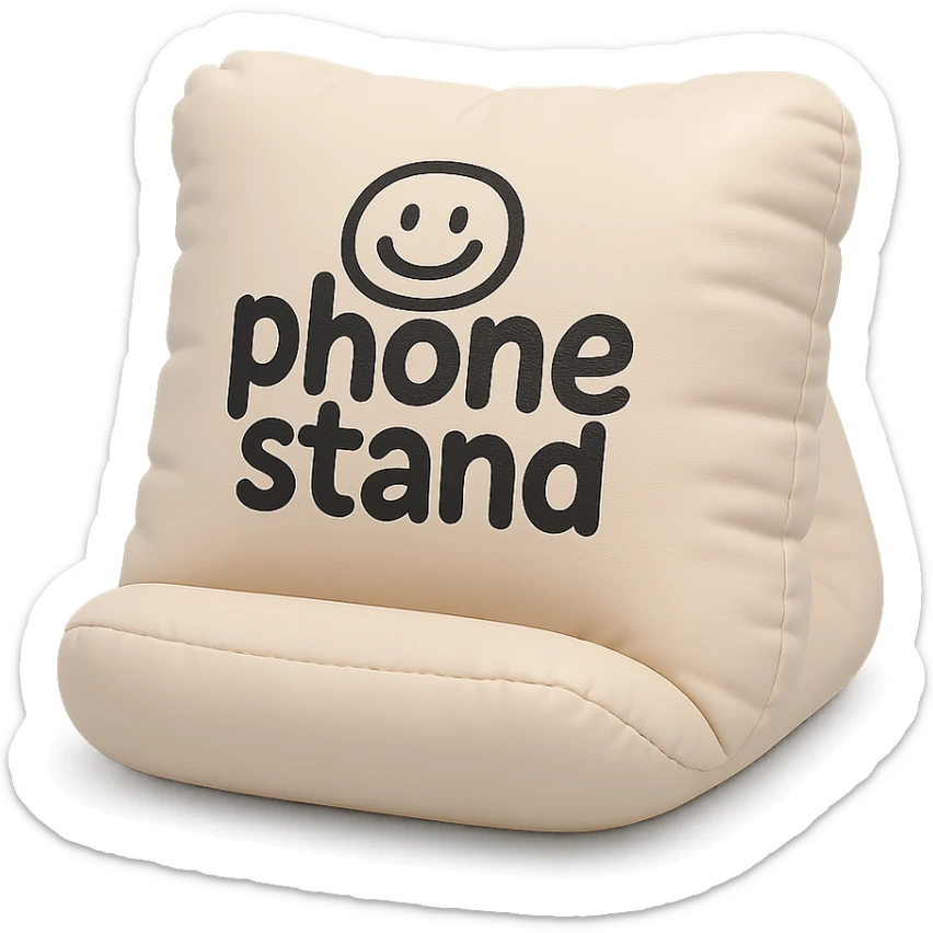 cute hand-drawn logo on a soft cushion-shaped phone stand, playful branding gadget sticker